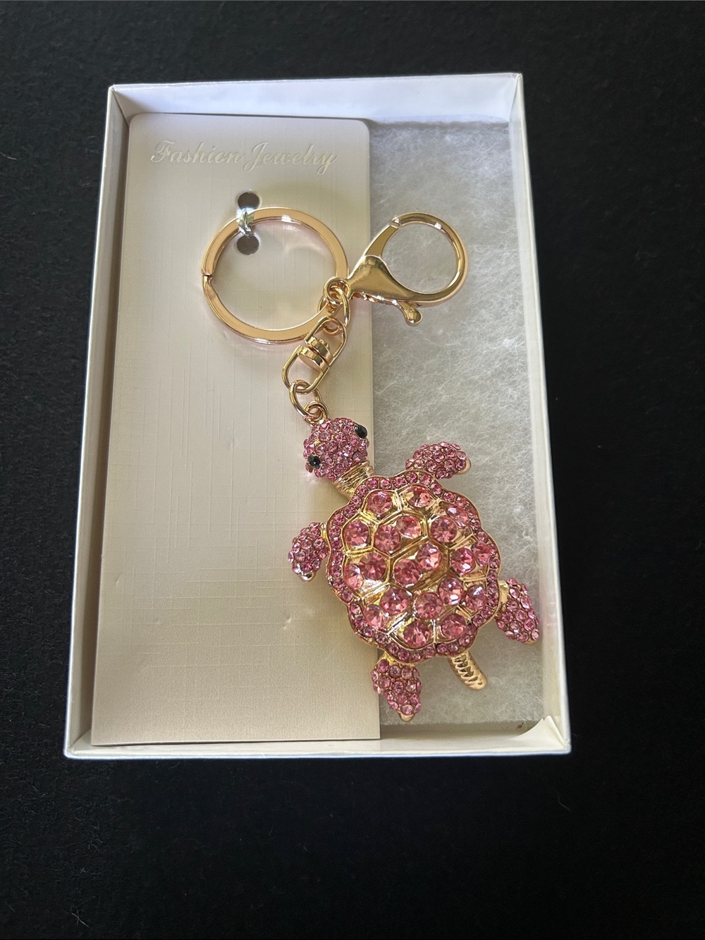 Fashion Jewelry Gold-Tone Pink Crystal Turtle Key Ring Charm